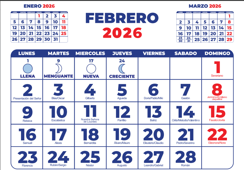 Calendario Tradicional 2026 por mes