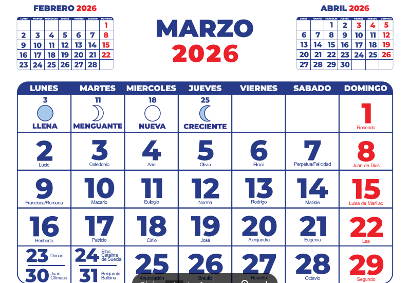 Calendario Tradicional 2026 por mes