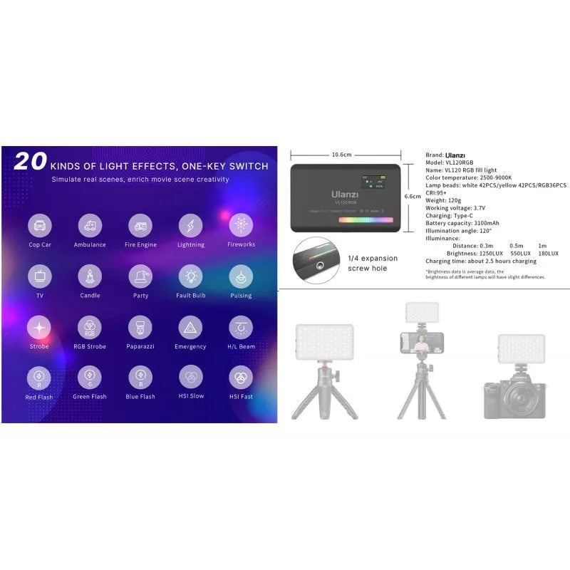 Ulanzi VL120 RGB Lámpara de Leds Con 20 Efectos Lumínicos