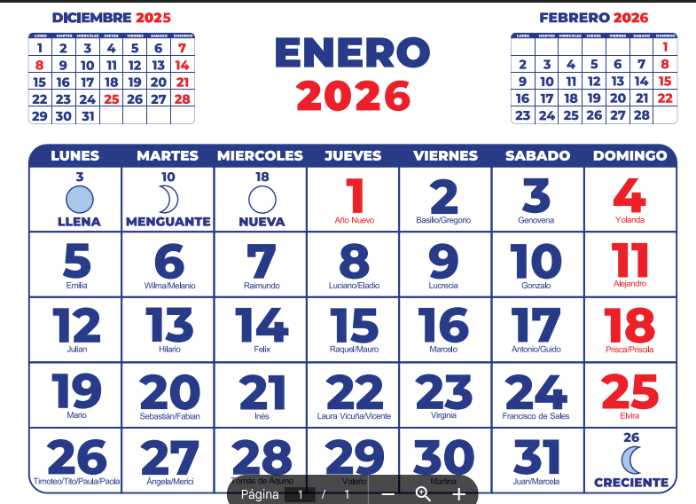 Calendario Tradicional 2026 por mes